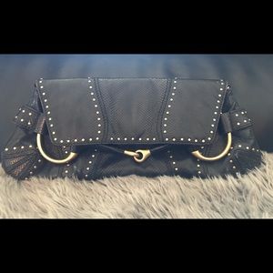 Gucci Black Snakeskin Studded Horsebit Clutch Bag